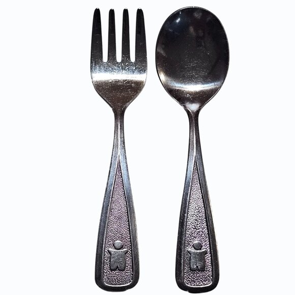 Vintage 1980 The First Years Stainless Steel Baby Fork & Spoon Set - Picture 1 of 10